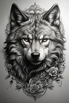 a drawing of a wolf's head with roses on it