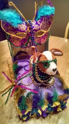 there is a dog wearing a purple and green costume on top of a table with feathers