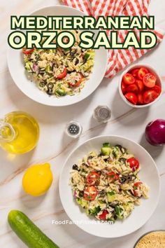 the cover of mediterranean orzo salad is shown with vegetables and olives in bowls