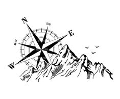 a black and white drawing of a mountain with a compass on it's side