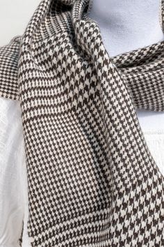 french style wide scarf in black and white houndstooth pattern. up close view of pattern on fabric. Brown Wool Scarves For Cold Weather, Chic Scarf, Houndstooth Scarf, Chic Scarves, French Girl Style, White Houndstooth, Deep Brown, French Girl, Pink Aesthetic