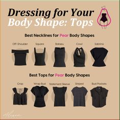 If you're a pear shape, focus on adding volume to your top, emphasizing your waist, and downplaying your lower body to create a balanced look. Tops For Pear Body Shape, Pear Shape Tops, How To Style Pear Body Shape, Pear Body Shape Fashion, Pear Shaped Fashion, Pear Body Shape Outfits, Pear Shape Fashion, Pear Shaped Outfits, Pear Shaped Women