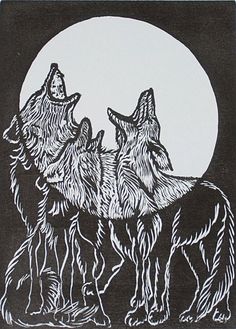 three wolfs standing in front of a full moon