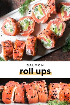 salmon roll ups with avocado and dill on top