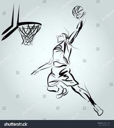 basketball player jumping to dunk the ball in black and white drawing on gray background