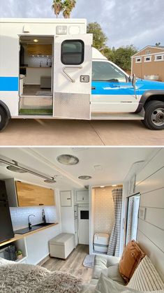 the inside and outside of a camper with its bed pulled up to it's side