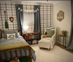 a bedroom decorated in plaid and green with a bed, chair, bookshelf and window