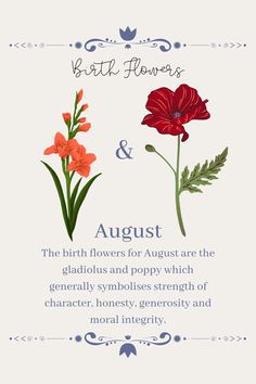 the birth flower and its meanings are shown in this card with an image of two red flowers