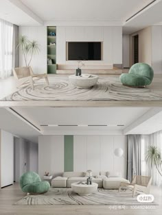 two pictures of a living room with white furniture and green accents on the walls, one is