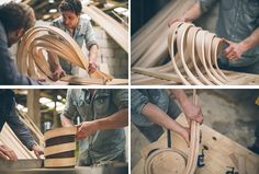 four pictures showing the process of making wooden chairs from plywood and other woodworking materials