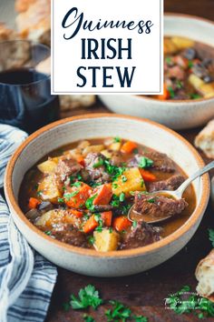 a bowl of guinness irish stew with bread and parsley in the background text reads guinness irish stew