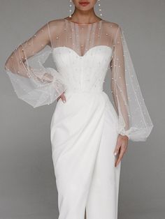 Evening Dresses With Sleeves, Evening Dresses Elegant, Reception Dress, Necklines For Dresses, Midi Dress With Sleeves, Lantern Sleeve, White Midi Dress, Dream Wedding Dresses, Wedding Gown