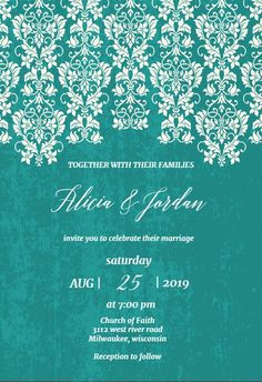 a wedding card with an ornate lace design on the front and back, in teal green