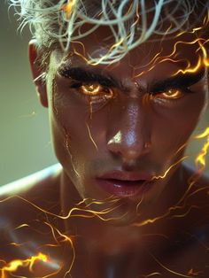 a man with white hair and glowing eyes looks at the camera while he's surrounded by fire