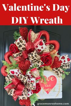 valentine's day diy wreath with leopard print and red roses on the front door