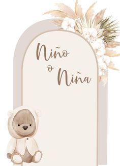 a teddy bear sitting on top of a white plaque with the words nino and nina