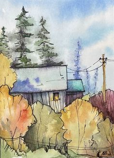 watercolor painting of a barn in the woods with trees and power lines behind it