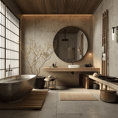 a bath room with a tub a sink and a large mirror on the wall above it