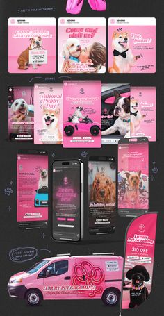 an advertisement for a dog grooming business is shown in this graphic style, with pink and