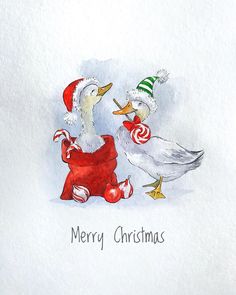 two ducks are dressed up as santa claus and one is holding a peppermint