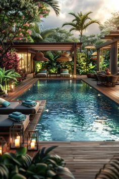 an outdoor swimming pool surrounded by greenery and lit candles at night with patio furniture