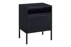 a black cabinet with an open drawer on the bottom and one door at the top