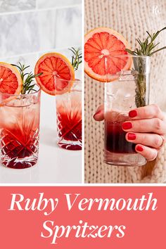 a woman holding a glass with blood oranges and rosemary garnish in it