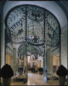 the entrance to an elegant building with wrought iron gates