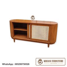 the sideboard is made out of wood and has wicker panels on one side