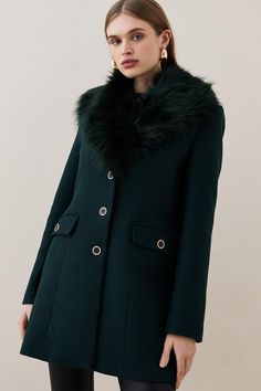 Combining A Timeless Silhouette With A Touch Decadence, This Coat Exudes Covetable Elegance. The Collar Is Crafted With A Swathe Of Soft Faux Fur, Infusing The Coat With Undeniable Luxury, While Italian Virgin Wool Ensures A Sumptuous Feel.Faux Fur Collaritalian Virgin Woolsingle-Breasted Buttons.Flap Pockets Green Coat, Faux Fur Collar, Animal Welfare, Short Coat, Karen Millen, Fur Collar, Fur Collars, Fashion Face, Faux Fur