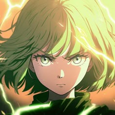 an anime character with green hair and lightning in the background, looking at the camera