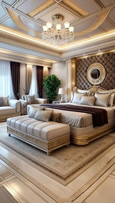 a luxurious bedroom with white and gold decor