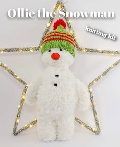 a white teddy bear wearing a knitted hat and star ornament with lights