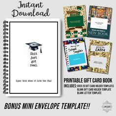 the instant printable gift card book has been designed to look like it is being used for