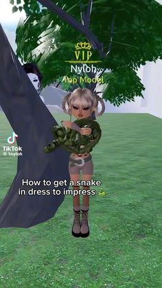 a woman holding a snake in front of a tree with the caption how to get a snake in dress to impress