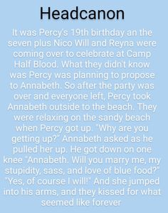 the text reads headcanon it was percy's 13th birthday an the seven plus nio will and ryana were coming over to celebrate at camp