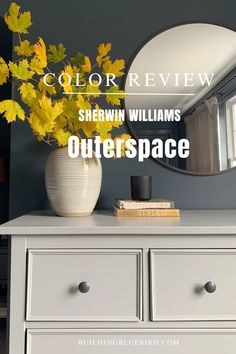 a white dresser with yellow flowers on top and the words color review shewn williams outerspace