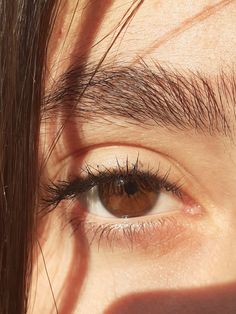 a woman's brown eye with long hair