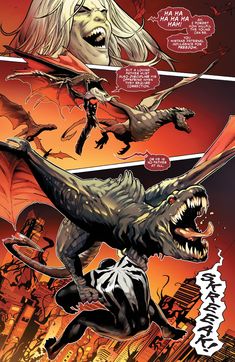 a comic book page with an image of a monster attacking a woman in the background