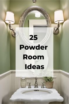 25 Powder Room Ideas displayed over a sink and mirror in a small, elegantly decorated bathroom. Powder Restroom Ideas, Tiny Half Bath Decor, Elegant Powder Room Luxury, Powder Room Storage Ideas, Half Bath Ideas Powder Rooms, Elegant Powder Room Ideas, Small Powder Room Design, Powder Room Storage, Small Powder Bathroom Ideas