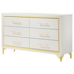 a white and yellow dresser with gold handles