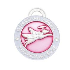 a white and pink dog tag with the words,'guardian angel protect my dog '