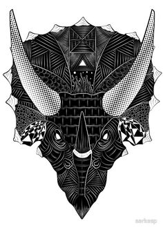 a black and white drawing of a bull's head with geometric designs on it