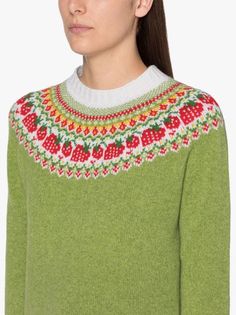 KELSI Green Wool Fair Isle Crewnek Sweater | Mackintosh Apple Sweater, Knitwear Fashion Design, Leaf Sweater, Icelandic Wool Sweaters, Jessica Fletcher, Gilmore Girls Fashion, Knit Collage, Cottagecore Outfits, Artist Outfit