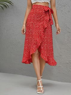 SHEIN Ruffle Trim Wrap Knot Side Skirt | SHEIN USA Wrap Skirt Outfit, Wrap Skirt Pattern, Classy Skirts, Europe Outfits, Classy Dress Outfits, Easy Trendy Outfits, Floral Midi Skirt, Asymmetrical Skirt, Red Skirts