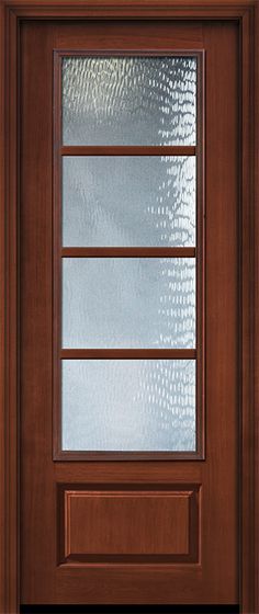 a wooden door with frosted glass on it