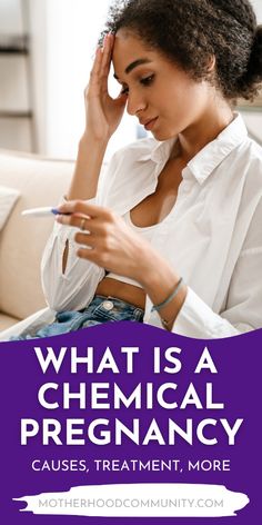 a woman sitting on a couch with her hand to her head and the words what is a chemical precanancy?