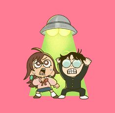 two cartoon characters standing in front of a light