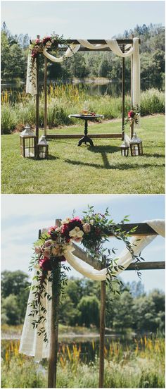 an outdoor ceremony setup with flowers and greenery