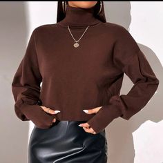 Color Chocolate Brown Casual Plain Cut Out Crop Pullover, Long Sleeves Reg Fit. High Stretch . Fabric 51% Viscose 29% Polyester 20%Polyamide. Trendy Brown Turtleneck Top, Brown Cropped Top For Fall, Trendy Cropped Brown Sweater, Brown Turtleneck, Crop Pullover, Drop Shoulder Sweater, Wardrobe Planning, Color Chocolate, Drop Shoulder Sweaters